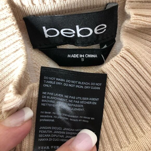 Bebe Women's Lite Tan Striped Sleeveless Turtleneck Sweater Top Size Small - Picture 5 of 5